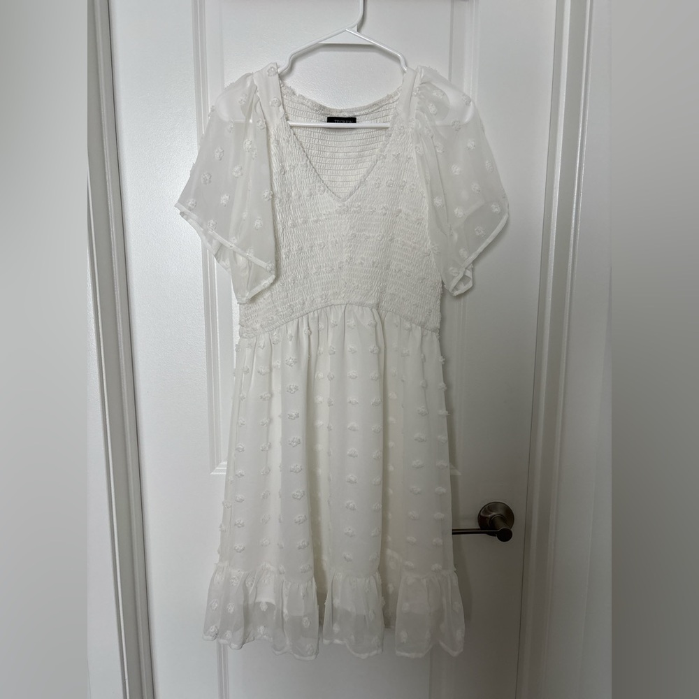 Tecrew Smock Neck Midi Dress with PomPom Design & Chiffon Sheer Sleeves Size L